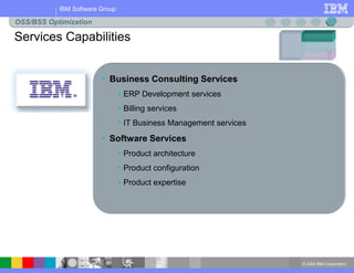 © 2004 IBM Corporation
IBM Software Group
Services Capabilities
OSS/BSS Optimization
 Business Consulting Services
 ERP Development services
 Billing services
 IT Business Management services
 Software Services
 Product architecture
 Product configuration
 Product expertise
 