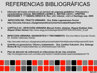 REFERENCIAS BIBLIOGRÁFICAS
1. Infección del tracto urinario en un servicio de urgencia pediátrico: Frecuencia y
características clínicas. MACARENA LIZAMA C., MATÍAS LUCO I., CRISTINA
REICHHARD T. Y TAMARA HIRSCH B. Rev. chil. infectol. v.22 n.3 Santiago sep. 2005
2. INFECCION DEL TRACTO URINARIO - Dra. Edda Lagomarsino Ferrari
http://escuela.med.puc.cl/paginas/publicaciones/manualped/ituped.html
3. CAPÍTULO 42 - INFECCIÓN URINARIA Manuel Antón Jiménez, Raquel Esteban Sáiz,
Raquel Ortés Gómez http://www.segg.es/tratadogeriatria/PDF/S35-05%2042_III.pdf
4. INFECCION URINARIA: DIAGNOSTICO Y TRATAMIENTO. Dra.Ana María Guzmán Durán,
Dr. Andrés Valdivieso Dávila.
http://escuela.med.puc.cl/paginas/publicaciones/boletin/html/laboratorio/laboratorio05.html
5. Uretritis no gonocócica: Clínica y tratamiento - Dra. Cynthia Vukusich, Dra. Solange
Rivera M http://medicinafamiliar.uc.cl/html/articulos/126.html
6. Plan de atención de enfermería en infecciones de las vías urinarias
http://nursingservices.com.co/index.php?action=view&module=paemodule&planid=75
 