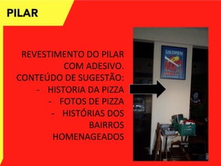 PILAR
REVESTIMENTO	
  DO	
  PILAR	
  
COM	
  ADESIVO.	
  
CONTEÚDO	
  DE	
  SUGESTÃO:	
  
-­‐  HISTORIA	
  DA	
  PIZZA	
  
-­‐  FOTOS	
  DE	
  PIZZA	
  
-­‐  HISTÓRIAS	
  DOS	
  
BAIRROS	
  
HOMENAGEADOS	
  
 