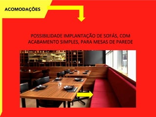 ACOMODAÇÕES
POSSIBILIDADE	
  IMPLANTAÇÃO	
  DE	
  SOFÁS,	
  COM	
  
ACABAMENTO	
  SIMPLES,	
  PARA	
  MESAS	
  DE	
  PAREDE	
  
 