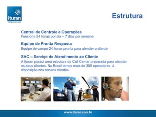 Estrutura Central de Controle e Operações Funciona 24 horas por dia – 7 dias por semana Equipe de Pronta Resposta Equipe de campo 24 horas pronta para atender o cliente SAC – Serviço de Atendimento ao Cliente A Ituran possui uma estrutura de Call Center preparada para atender os seus clientes. No Brasil temos mais de 300 operadores, à disposição dos nossos clientes. 
