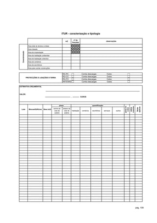 ITUR - caracterização e tipologia

                                                                                      nº de
                                                                      m2                                                      observações
                                                                                    fracções

                      Área total do terreno a lotear
                      Área loteada
   Caracterização




                      Área de implantação
                      Área de habitação unifamiliar
                      Área de habitação colectiva
                      Área de comércio
                      Área de escritórios
                      Área para outras construções


                                                                   RG-PC                         Contra descargas              Outra:
                                                                   RG-CC                         Contra descargas              Outra:
                    PROTECÇÕES E LIGAÇÕES À TERRA
                                                                   RG-FO                         Contra descargas              Outra:
                                                                   ANTENAS                       Contra descargas              Outra:

ESTIMATIVA ORÇAMENTAL



VALOR:
                                                                                ,               EUROS




                                                              pisos                                         quantificação




                                                                                                                                                 pares de



                                                                                                                                                            coaxiais


                                                                                                                                                                        ópticas
                                                                                                                                                             cabos
                                                                                                                                                  cobre




                                                                                                                                                                         fibras
  Lote                 Blocos/Edifícios     Área (m2)   acima da    abaixo da
                                                         cota de     cota de        habitação    comércio   escritórios     serviços    outros
                                                         soleira     soleira




                                                                                                                                                                       pág. 109
 