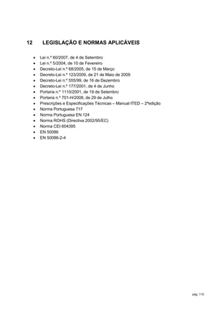12        LEGISLAÇÃO E NORMAS APLICÁVEIS

        Lei n.º 60/2007, de 4 de Setembro
        Lei n.º 5/2004, de 10 de Fevereiro
        Decreto-Lei n.º 68/2005, de 15 de Março
        Decreto-Lei n.º 123/2009, de 21 de Maio de 2009
        Decreto-Lei n.º 555/99, de 16 de Dezembro
        Decreto-Lei n.º 177/2001, de 4 de Junho
        Portaria n.º 1110/2001, de 19 de Setembro
        Portaria n.º 701-H/2008, de 29 de Julho
        Prescrições e Especificações Técnicas – Manual ITED – 2ªedição
        Norma Portuguesa 717
        Norma Portuguesa EN 124
        Norma ROHS (Directiva 2002/95/EC)
        Norma CEI 604395
        EN 50086
        EN 50086-2-4




                                                                          pág. 110
 
