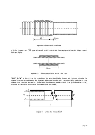 +
                                   85 -             20 mm



                               Figura 9 - União de um Tubo FRP


- União própria, em FRP, que abraçará exteriormente as duas extremidades dos tubos, como
indica a figura:




                                          124 mm


                        Figura 10 – Dimensões da união de um Tubo FRP


TUBO PEAD – Os tubos de polietileno de alta densidade devem ser ligados através de
acessórios electro-soldáveis. As ligações electro-soldáveis são caracterizadas pelo facto dos
acessórios, também em PEAD, possuírem resistências incorporadas que, por efeito de Joule,
fundem as camadas de material do acessório e dos tubos.
                   e




                                                                            D
              di




                                               L


                              Figura 11 – União dos Tubos PEAD




                                                                                       pág. 22
 