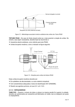 Bornes de ligação à corrente




                                                              Fusíveis indicadores
                                                                   da fusão




                  Braçadeira de união (sistemas de fusão)


          Figura 12 – Metodologia associada à electro-soldadura das uniões dos Tubos PEAD


TRITUBO PEAD – No caso do tritubo deverá evitar-se o mais possível a criação de uniões. No
entanto, caso sejam necessárias, deverão fazer-se recorrendo a:
 Acessórios electro-soldáveis, como referido para tubo PEAD;
 Uniões de aperto mecânico, como o indicado na figura seguinte:




                          Figura 13 – Soluções para uniões de tritubos PEAD


Estas uniões de aperto mecânico deverão ser:
 Em polietileno de alta densidade, ou outro material compatível;
 Com características adequadas a tubos de classificação 4431 (EN50086);
 Resistir aos agentes químicos, em que 2,5 < pH <12,5.

2.1.1.3 ESPAÇADEIRAS
TUBO PVC – Quando o número de tubos a colocar na mesma secção for superior à unidade,
deverão ser posicionados por acessórios pré-fabricados em betão, que se designam por guias
ou espaçadeiras.

                                                                                             pág. 23
 
