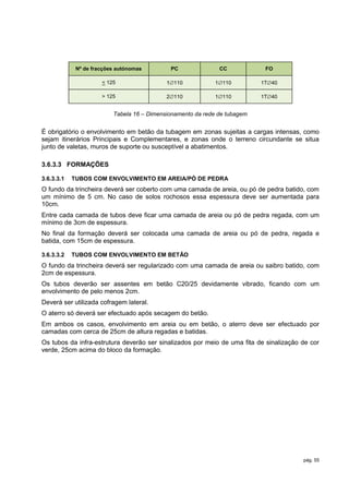 Nº de fracções autónomas        PC               CC            FO

                      < 125                 1110           1110          1T40

                      > 125                 2110           1110          1T40


                          Tabela 16 – Dimensionamento da rede de tubagem


É obrigatório o envolvimento em betão da tubagem em zonas sujeitas a cargas intensas, como
sejam itinerários Principais e Complementares, e zonas onde o terreno circundante se situa
junto de valetas, muros de suporte ou susceptível a abatimentos.

3.6.3.3 FORMAÇÕES

3.6.3.3.1   TUBOS COM ENVOLVIMENTO EM AREIA/PÓ DE PEDRA
O fundo da trincheira deverá ser coberto com uma camada de areia, ou pó de pedra batido, com
um mínimo de 5 cm. No caso de solos rochosos essa espessura deve ser aumentada para
10cm.
Entre cada camada de tubos deve ficar uma camada de areia ou pó de pedra regada, com um
mínimo de 3cm de espessura.
No final da formação deverá ser colocada uma camada de areia ou pó de pedra, regada e
batida, com 15cm de espessura.

3.6.3.3.2   TUBOS COM ENVOLVIMENTO EM BETÃO
O fundo da trincheira deverá ser regularizado com uma camada de areia ou saibro batido, com
2cm de espessura.
Os tubos deverão ser assentes em betão C20/25 devidamente vibrado, ficando com um
envolvimento de pelo menos 2cm.
Deverá ser utilizada cofragem lateral.
O aterro só deverá ser efectuado após secagem do betão.
Em ambos os casos, envolvimento em areia ou em betão, o aterro deve ser efectuado por
camadas com cerca de 25cm de altura regadas e batidas.
Os tubos da infra-estrutura deverão ser sinalizados por meio de uma fita de sinalização de cor
verde, 25cm acima do bloco da formação.




                                                                                        pág. 55
 