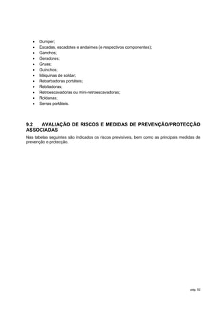    Dumper;
      Escadas, escadotes e andaimes (e respectivos componentes);
      Ganchos;
      Geradores;
      Gruas;
      Guinchos;
      Máquinas de soldar;
      Rebarbadoras portáteis;
      Rebitadoras;
      Retroescavadoras ou mini-retroescavadoras;
      Roldanas;
      Serras portáteis.




9.2  AVALIAÇÃO DE RISCOS E MEDIDAS DE PREVENÇÃO/PROTECÇÃO
ASSOCIADAS
Nas tabelas seguintes são indicados os riscos previsíveis, bem como as principais medidas de
prevenção e protecção.




                                                                                      pág. 92
 