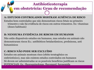 Antibioticoterapia
em obstetrícia: Grau de recomendação
A: ESTUDOS CONTROLADOS MOSTRAM AUSÊNCIA DE RISCO
Estudos bem controlados que não demonstram riscos fetais no primeiro
trimestre e não há evidência de riscos em outros trimestres. Ex: vitaminas
(doses habituais)
B: NENHUMA EVIDÊNCIA DE RISCOS EM HUMANOS
Não estão disponíveis estudos em humanos, mas estudos em animais não
demonstraram riscos Ex.: antibióticos betalactâmicos, prednisona, anti
histamínicos
C: RISCO NÃO PODE SER EXCLUÍDO
Estudos em animais mostram risco (efeito teratogênico ou
embriotóxico), mas não existem estudos controlados em humanos
Só devem ser administradas se os possíveis benefícios justificam os riscos
POTENCIAIS. Ex.: fluoroquinolonas, fluconazol, furosemida
 