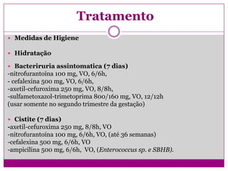 Tratamento
 Medidas de Higiene
 Hidratação
 Bacteriruria assintomatica (7 dias)
-nitrofurantoína 100 mg, VO, 6/6h,
- cefalexina 500 mg, VO, 6/6h,
-axetil-cefuroxima 250 mg, VO, 8/8h,
-sulfametoxazol-trimetoprima 800/160 mg, VO, 12/12h
(usar somente no segundo trimestre da gestação)
 Cistite (7 dias)
-axetil-cefuroxima 250 mg, 8/8h, VO
-nitrofurantoína 100 mg, 6/6h, VO, (até 36 semanas)
-cefalexina 500 mg, 6/6h, VO
-ampicilina 500 mg, 6/6h, VO, (Enterococcus sp. e SBHB).
 