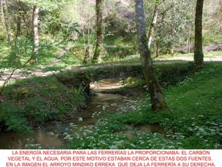 LA ENERGÍA NECESARIA PARA LAS FERRERÍAS LA PROPORCIONABA: EL CARBÓN
VEGETAL Y EL AGUA. POR ESTE MOTIVO ESTABAN CERCA DE ESTAS DOS FUENTES.
EN LA IMAGEN EL ARROYO MINDIKO ERREKA QUE DEJA LA FERRERÍA A SU DERECHA.
 