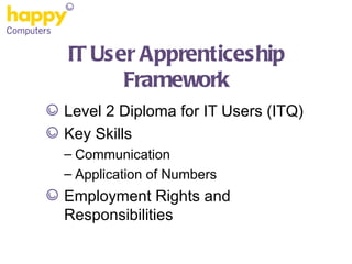 IT User Apprenticeship Framework Level 2 Diploma for IT Users (ITQ) Key Skills Communication Application of Numbers Employment Rights and Responsibilities 