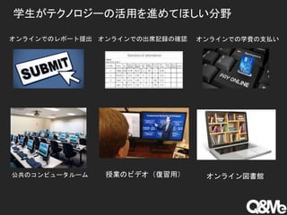 学生がテクノロジーの活用を進めてほしい分野
オンラインでの学費の支払いオンラインでの出席記録の確認オンラインでのレポート提出
公共のコンピュータルーム 授業のビデオ（復習用） オンライン図書館
 