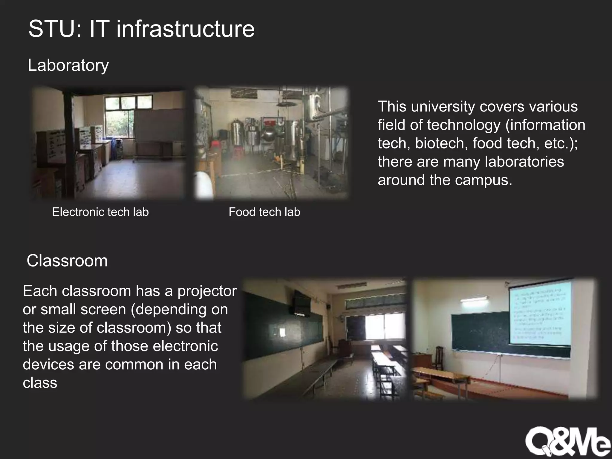 STU: IT infrastructure
Laboratory
Electronic tech lab Food tech lab
This university covers various
field of technology (information
tech, biotech, food tech, etc.);
there are many laboratories
around the campus.
Classroom
Each classroom has a projector
or small screen (depending on
the size of classroom) so that
the usage of those electronic
devices are common in each
class
 