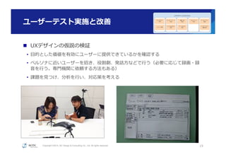 Copyright ©2015, NC Design & Consulting Co., Ltd. All rights reserved.
ユーザーテスト実施と改善
n  UXデザインの仮説の検証
•  ⽬目的とした価値を有効にユーザーに提供できているかを確認する
•  ペルソナに近いユーザーを招き、役割劇、発話⽅方などで⾏行行う（必要に応じて録画・録
⾳音を⾏行行う。専⾨門機関に依頼する⽅方法もある）
•  課題を⾒見見つけ、分析を⾏行行い、対応策を考える
19
UXデザインのプロセス
コンテキスト
分析
ペルソナ定義
ユーザーストーリ
作成
メンタルモデル
作成
機能⼀一覧
作成
データモデル
作成
プロトタイプ
作成
ユーザーテスト
実施
ユーザーテスト
結果分析
都合により画像は⾮非公開
 
