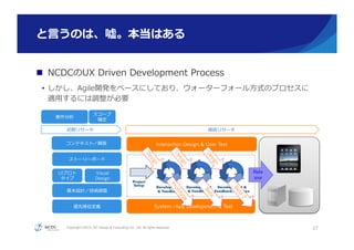 Copyright ©2015, NC Design & Consulting Co., Ltd. All rights reserved.
と⾔言うのは、嘘。本当はある
n  NCDCのUX  Driven  Development  Process
•  しかし、Agile開発をベースにしており、ウォーターフォール⽅方式のプロセスに
適⽤用するには調整が必要
27
初期リサーチ 継続リサーチ
スコープ
確定
コンテキスト／顧客
ストーリーボード
UIプロト
タイプ
優先順位定義
Rele
ase
Interaction Design & User Test
基本設計／技術調査
System /App Development & Test
要件分析
Visual
Design
 