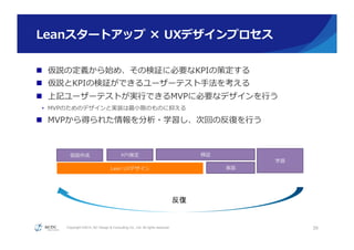 Copyright ©2015, NC Design & Consulting Co., Ltd. All rights reserved.
Leanスタートアップ  ×  UXデザインプロセス
n  仮説の定義から始め、その検証に必要なKPIの策定する
n  仮説とKPIの検証ができるユーザーテスト⼿手法を考える
n  上記ユーザーテストが実⾏行行できるMVPに必要なデザインを⾏行行う
•  MVPのためのデザインと実装は最⼩小限のものに抑える
n  MVPから得られた情報を分析・学習し、次回の反復復を⾏行行う
39
仮説作成 KPI策定
Lean UXデザイン
検証
学習
実装
反復	
 
