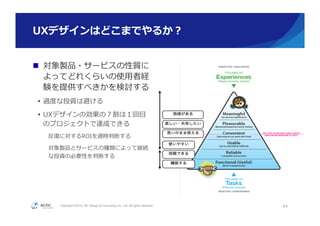 Copyright ©2015, NC Design & Consulting Co., Ltd. All rights reserved.
UXデザインはどこまでやるか？
n  対象製品・サービスの性質に
よってどれくらいの使⽤用者経
験を提供すべきかを検討する
•  過度度な投資は避ける
•  UXデザインの効果の７割は１回⽬目
のプロジェクトで達成できる
反復復に対するROIを適時判断する
対象製品とサービスの種類によって継続
な投資の必要性を判断する
44
 