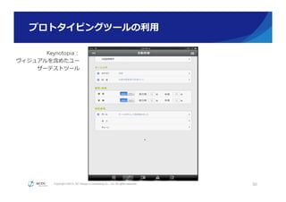 Copyright ©2015, NC Design & Consulting Co., Ltd. All rights reserved.
プロトタイピングツールの利利⽤用
50
Balsamiq	
Keynotopia：
ヴィジュアルを含めたユー
ザーテストツール    
 