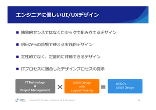 Copyright ©2015, NC Design & Consulting Co., Ltd. All rights reserved.
エンジニアに優しいUI/UXデザイン
n  抽象的センスではなくロジックで組み⽴立立てるデザイン
n  明⽇日からの現場で使える実践的デザイン
n  定性的でなく、定量量的に評価できるデザイン
n  ITプロセスに適合したデザインプロセスの提⽰示
54
IT	
  Technology	
  
&	
  
Project	
  Management	
  
UI/UX	
  Design	
  
with	
  
Logical	
  Thinking	
NCDC’s	
  
UI/UX	
  Design	
 