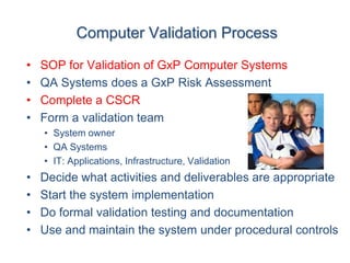 Computer Validation Process
•   SOP for Validation of GxP Computer Systems
•   QA Systems does a GxP Risk Assessment
•   Complete a CSCR
•   Form a validation team
    • System owner
    • QA Systems
    • IT: Applications, Infrastructure, Validation
•   Decide what activities and deliverables are appropriate
•   Start the system implementation
•   Do formal validation testing and documentation
•   Use and maintain the system under procedural controls
 