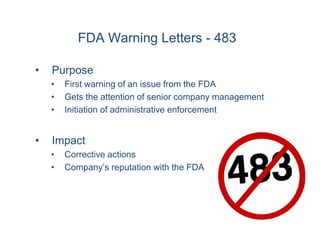 FDA Warning Letters - 483

•   Purpose
    •   First warning of an issue from the FDA
    •   Gets the attention of senior company management
    •   Initiation of administrative enforcement


•   Impact
    •   Corrective actions
    •   Company’s reputation with the FDA
 