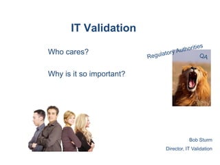 IT Validation

Who cares?

Why is it so important?




                                     Bob Sturm
                          Director, IT Validation
 