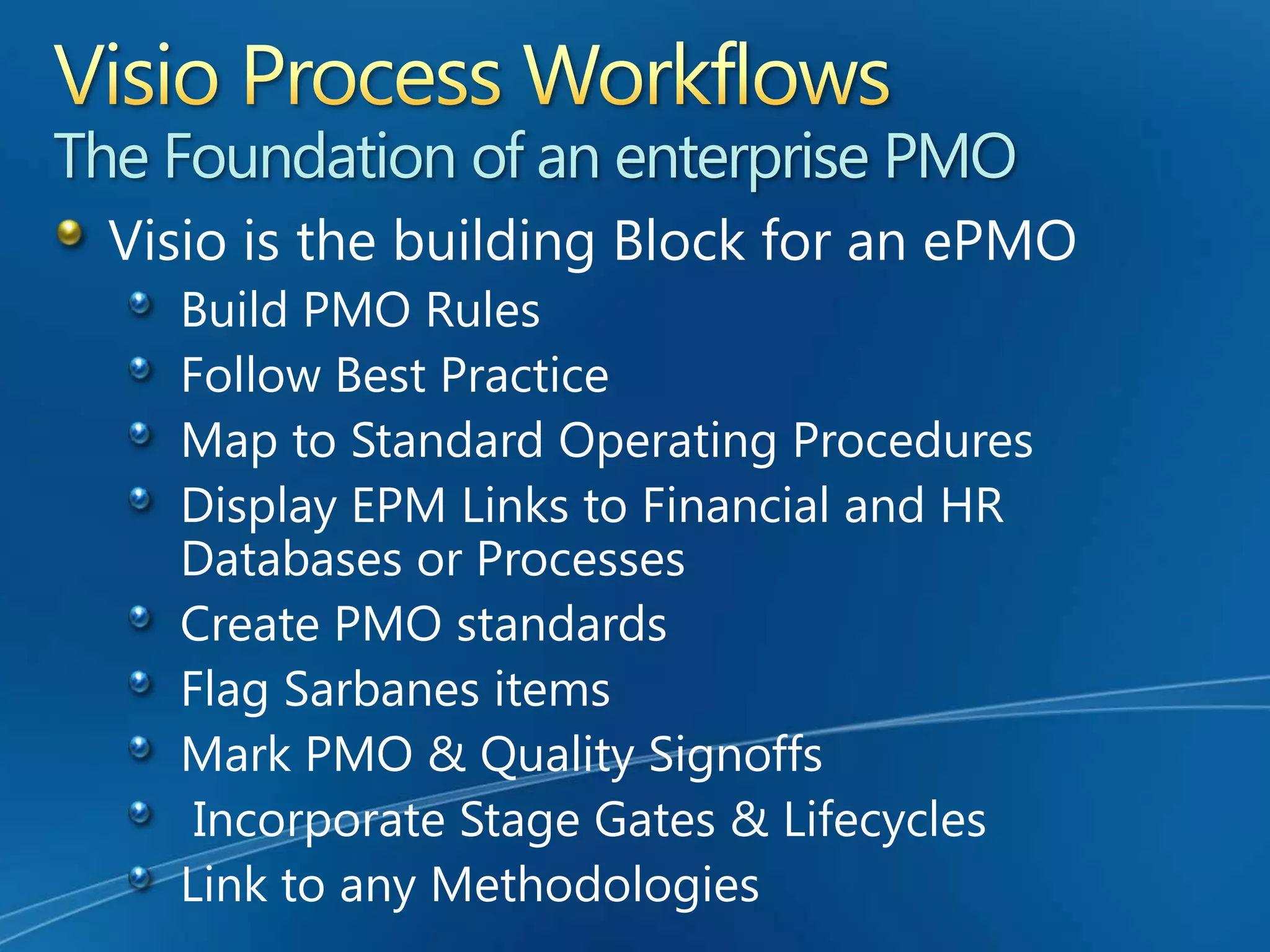 Visio, The foundation of the EPMePMO UniverseCMM6SigBuild ProcessInstall TechnologyLink MethodsPMISDLC