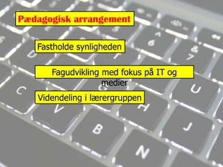 Pædagogisk arrangementFastholde synlighedenFagudvikling med fokus på IT og medierVidendeling i lærergruppen