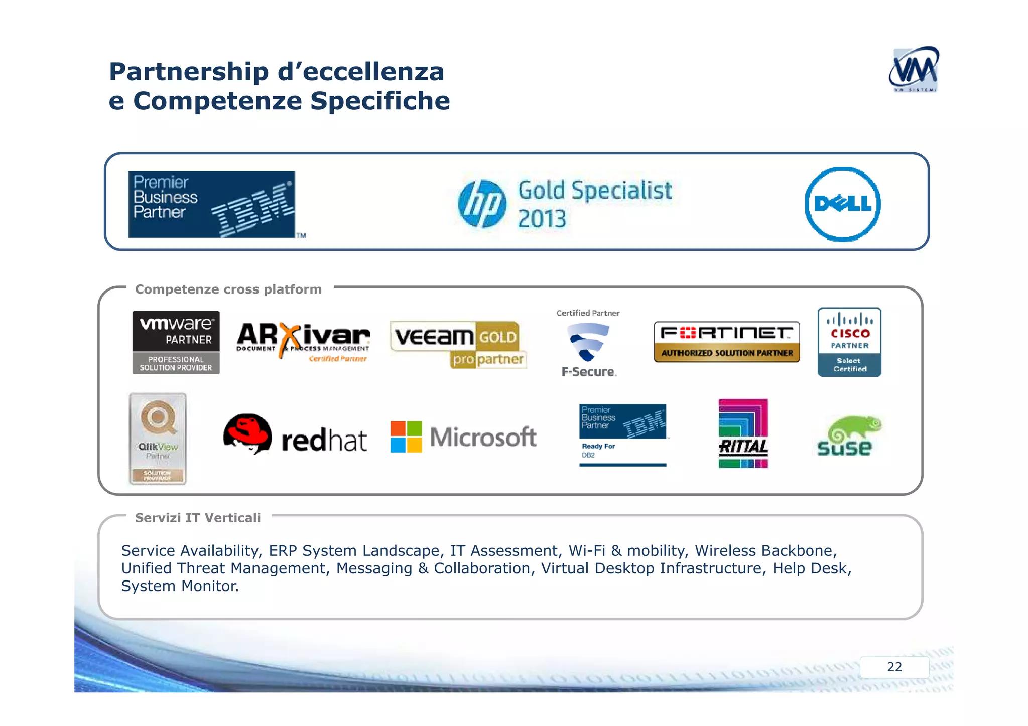 Partnership d’eccellenza 
e Competenze Specifiche 
Competenze cross platform 
22 
Servizi IT Verticali 
Service Availability, ERP System Landscape, IT Assessment, Wi-Fi & mobility, Wireless Backbone, 
Unified Threat Management, Messaging & Collaboration, Virtual Desktop Infrastructure, Help Desk, 
System Monitor. 
 