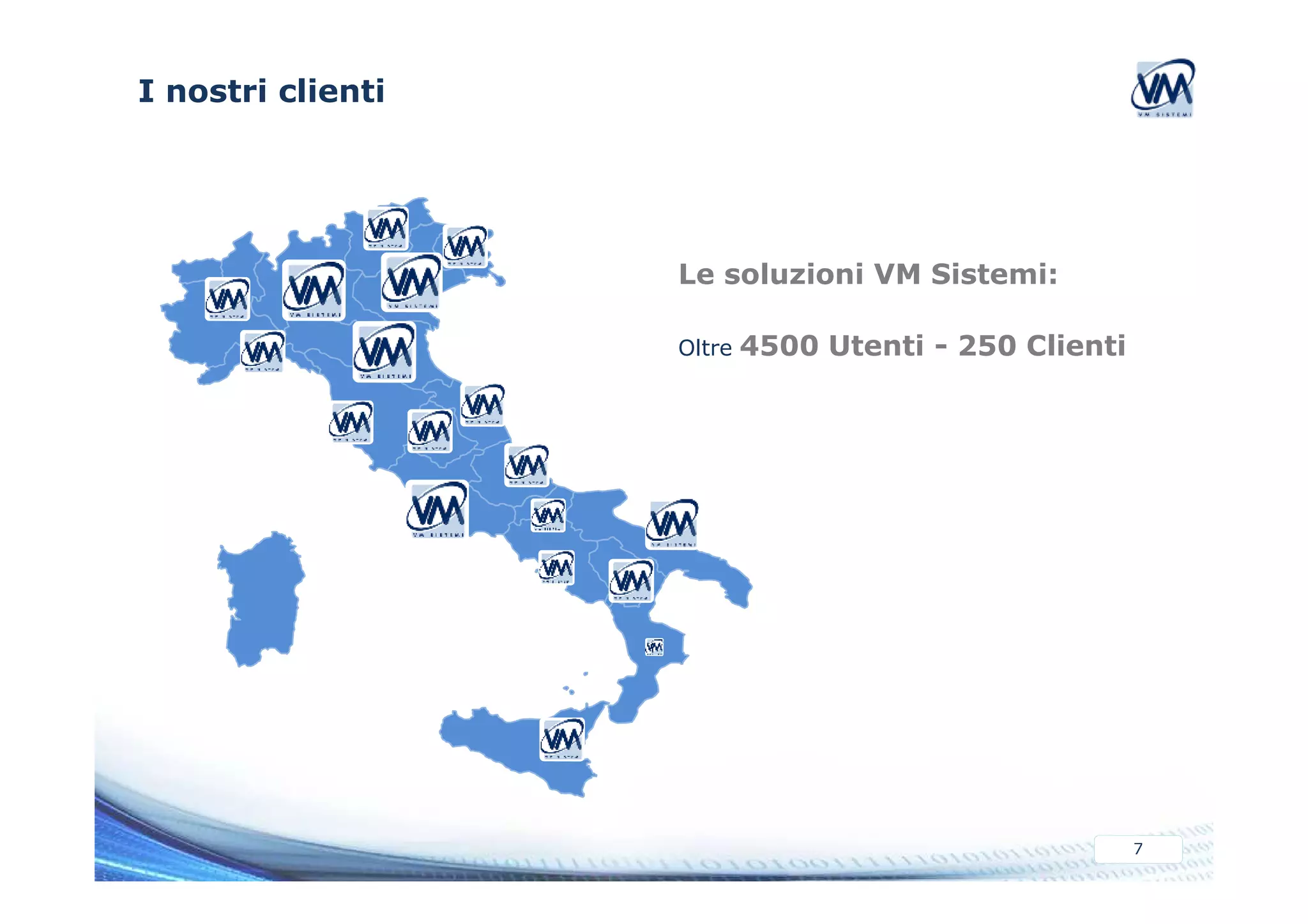 I nostri clienti 
Le soluzioni VM Sistemi: 
Oltre 4500 Utenti - 250 Clienti 
7 
 