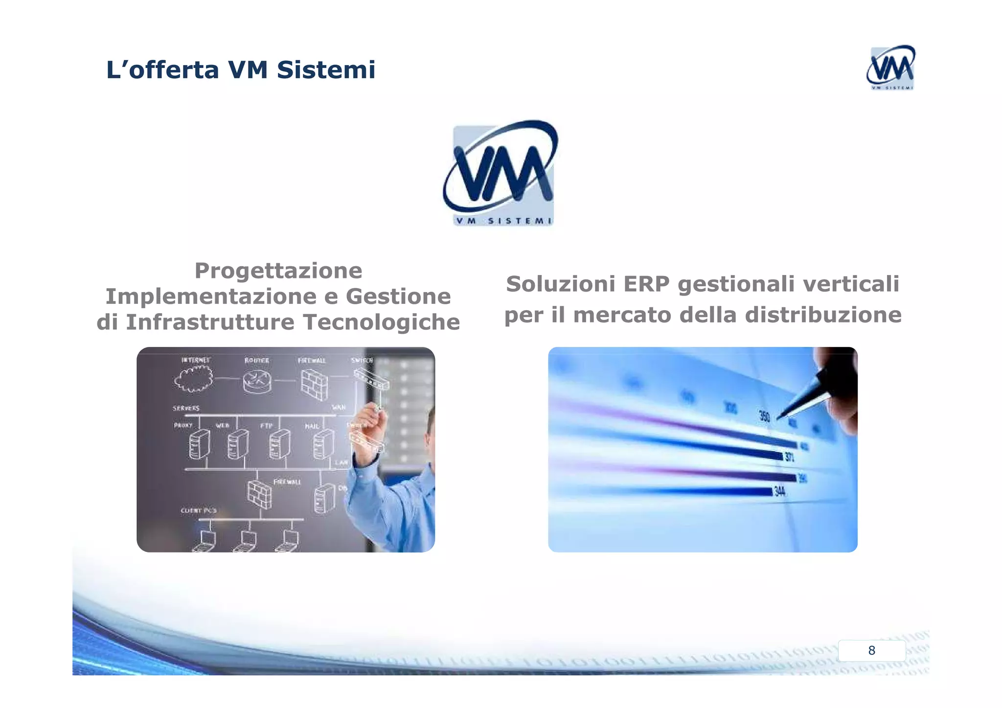L’offerta VM Sistemi 
Soluzioni ERP gestionali verticali 
per il mercato della distribuzione 
Progettazione 
Implementazione e Gestione 
di Infrastrutture Tecnologiche 
8 
 