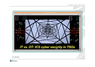 CP-EXPO - Genova, 30 Oct 2013

IT vs. OT: ICS cyber security in TSOs
G. Caroti

 