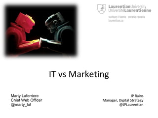 IT vs Marketing
Marty Laferriere
Chief Web Officer
@marty_lul
JP Rains
Manager, Digital Strategy
@JPLaurentian
 