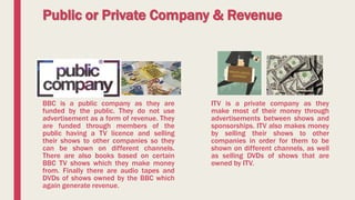 Public or Private Company & Revenue
BBC is a public company as they are
funded by the public. They do not use
advertisement as a form of revenue. They
are funded through members of the
public having a TV licence and selling
their shows to other companies so they
can be shown on different channels.
There are also books based on certain
BBC TV shows which they make money
from. Finally there are audio tapes and
DVDs of shows owned by the BBC which
again generate revenue.
ITV is a private company as they
make most of their money through
advertisements between shows and
sponsorships. ITV also makes money
by selling their shows to other
companies in order for them to be
shown on different channels, as well
as selling DVDs of shows that are
owned by ITV.
 