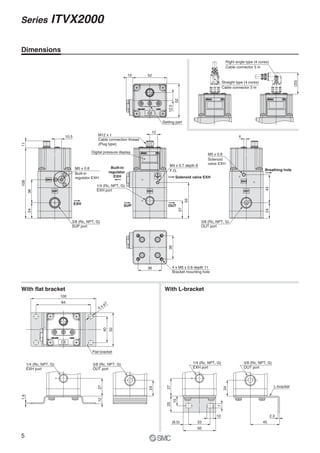 With L-bracketWith flat bracket
Breathing hole
EXH
OUTSUP
Built-in
regulator
EXH Solenoid valve EXH
10 52
52
12.5
Setting part
Straight type (4 cores)
Cable connector 3 m
Right angle type (4 cores)
Cable connector 3 m
(33)
4
M5 x 0.8
Solenoid
valve EXH
4324
3/8 (Rc, NPT, G)
OUT port
M4 x 0.7 depth 8
F.G.
55
27
12
M12 x 1
Cable connection thread
(Plug type)
Digital pressure display
1/4 (Rc, NPT, G)
EXH port
M5 x 0.8
Built-in
regulator EXH
3/8 (Rc, NPT, G)
SUP port
10.5
11108
3624
36
36 4 x M5 x 0.8 depth 11
Bracket mounting hole
50
33 45
2.3
L-bracket
3/8 (Rc, NPT, G)
OUT port
24
7
10
(8.5)
25
15
27
1/4 (Rc, NPT, G)
EXH port
24
3/8 (Rc, NPT, G)
OUT port
1/4 (Rc, NPT, G)
EXH port
2712
1.6
Flat bracket
52
40
84
100
4 x ø7
Dimensions
5
Series ITVX2000
 