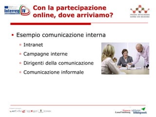 Con la partecipazione
online, dove arriviamo?
 Esempio comunicazione interna
 Intranet
 Campagne interne
 Dirigenti della comunicazione
 Comunicazione informale
 