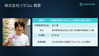 株式会社ソラコム 概要
商号 株式会社ソラコム / SORACOM, INC.
代表取締役社長 玉川 憲
本社 東京都世田谷区玉川四丁目5番6号尾嶋ビル3階
社員数 約 50 名
事業概要 IoT/M2M向けの通信プラットフォームの提供
 