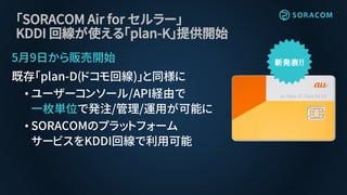 「SORACOM Air for セルラー」
KDDI 回線が使える「plan-K」提供開始
5月9日から販売開始
既存「plan-D(ドコモ回線)」と同様に
• ユーザーコンソール/API経由で
一枚単位で発注/管理/運用が可能に
• SORACOMのプラットフォーム
サービスをKDDI回線で利用可能
 