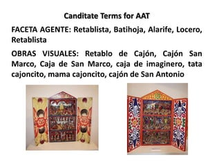 Canditate Terms for AAT
FACETA AGENTE: Retablista, Batihoja, Alarife, Locero,
Retablista
OBRAS VISUALES: Retablo de Cajón, Cajón San
Marco, Caja de San Marco, caja de imaginero, tata
cajoncito, mama cajoncito, cajón de San Antonio

 