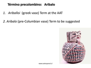 Término precolombino: Aribalo
1. Ariballoi (greek vase) Term at the AAT

2. Aribalo (pre-Columbian vase) Term to be suggested

www.aatespanol.cl

 