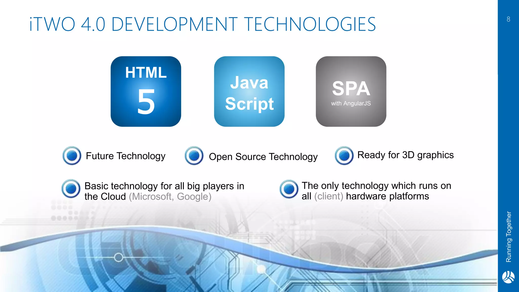 RunningTogether
iTWO 4.0 DEVELOPMENT TECHNOLOGIES 8
Basic technology for all big players in
the Cloud (Microsoft, Google)
Future Technology Ready for 3D graphics
HTML
5
Java
Script
SPA
with AngularJS
Open Source Technology
The only technology which runs on
all (client) hardware platforms
 