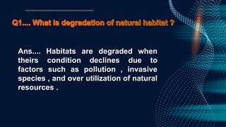 Ans.... Habitats are degraded when
theirs condition declines due to
factors such as pollution , invasive
species , and over utilization of natural
resources .
 