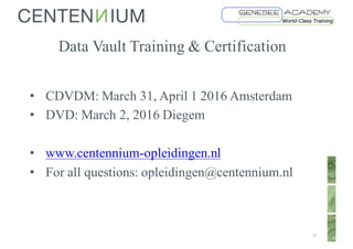Data Vault Training & Certification
• CDVDM: March 31, April 1 2016 Amsterdam
• DVD: March 2, 2016 Diegem
• www.centennium-opleidingen.nl
• For all questions: opleidingen@centennium.nl
19
 