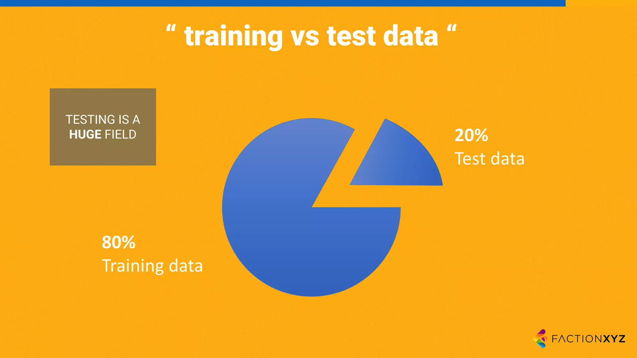 “ training vs test data “
20%
Test	data
80%
Training	data
TESTING IS A
HUGE FIELD
 