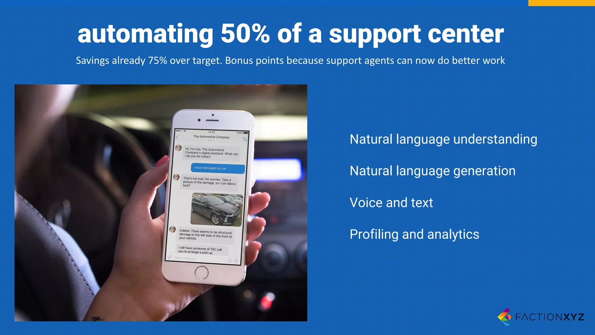 automating 50% of a support center
Savings	already	75%	over	target.	Bonus	points	because	support	agents	can	now	do	better	work
Natural language understanding
Natural language generation
Voice and text
Profiling and analytics
 