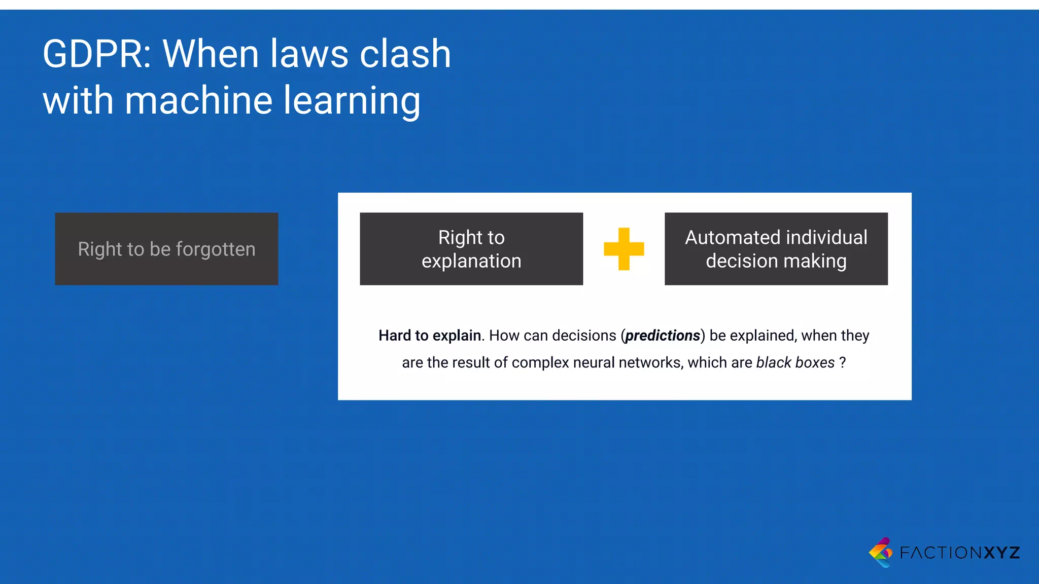 GDPR: When laws clash
with machine learning
Right to be forgotten
Right to
explanation
Automated individual
decision making
Hard to explain. How can decisions (predictions) be explained, when they
are the result of complex neural networks, which are black boxes ?
 