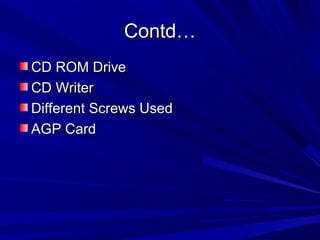Contd…
CD ROM Drive
CD Writer
Different Screws Used
AGP Card
 