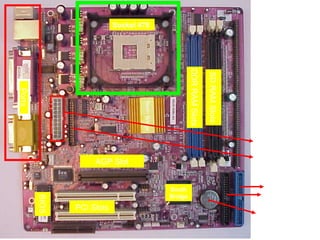 Socket 478




                                                           DDR RAM Slots

                                                                           SD RAM Slots
Ports




                                   North Bridge
                                                                                          ATX Power
                                                                                           Connector
                                                                                          Floppy Drive
                    AGP Slot                                                               Connector


                                                  South                                      Primary
                                                  Bridge                                    Secondary
        BIOS




               PCI Slots
                                                                                           CMOS Battery
 