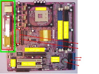 Socket 478




                                                            DDR RAM Slots

                                                                            SD RAM Slots
Ports




                                    North Bridge
                                                                                           ATX Power
                                                                                            Connector
                                                                                           Floppy Drive
                    AGP Slot                                                                Connector


                                                   South                                      Primary
                                                   Bridge                                    Secondary
        BIOS




               PCI Slots
                                                                                            CMOS Battery
 