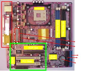 Socket 478




                                                            DDR RAM Slots

                                                                            SD RAM Slots
Ports




                                    North Bridge
                                                                                           ATX Power
                                                                                            Connector
                                                                                           Floppy Drive
                    AGP Slot                                                                Connector


                                                   South                                      Primary
                                                   Bridge                                    Secondary
        BIOS




               PCI Slots
                                                                                            CMOS Battery
 